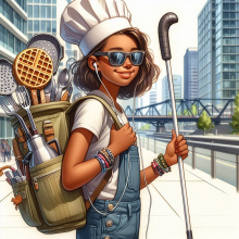 Teenaged girl with brown skin wearing sunglasses holding a long white cane and holding a number of culinary tools while traveling in the city.