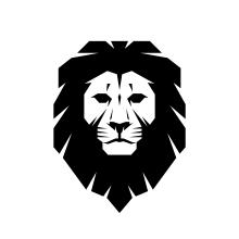 lion face graphic with black mane and black eyes with a white face