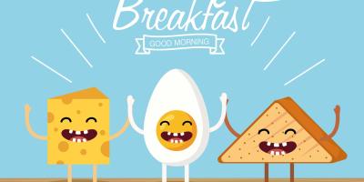 cartoon image of breakfast items smiling with the words Breakfast and Good morning above them