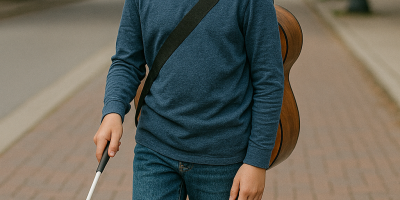 boy with white cane walking with guitar strapped on back